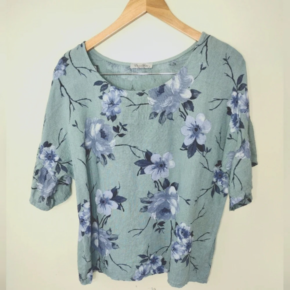 Linen Elena Baldi short sleeved floral top size small - Picture 1 of 8